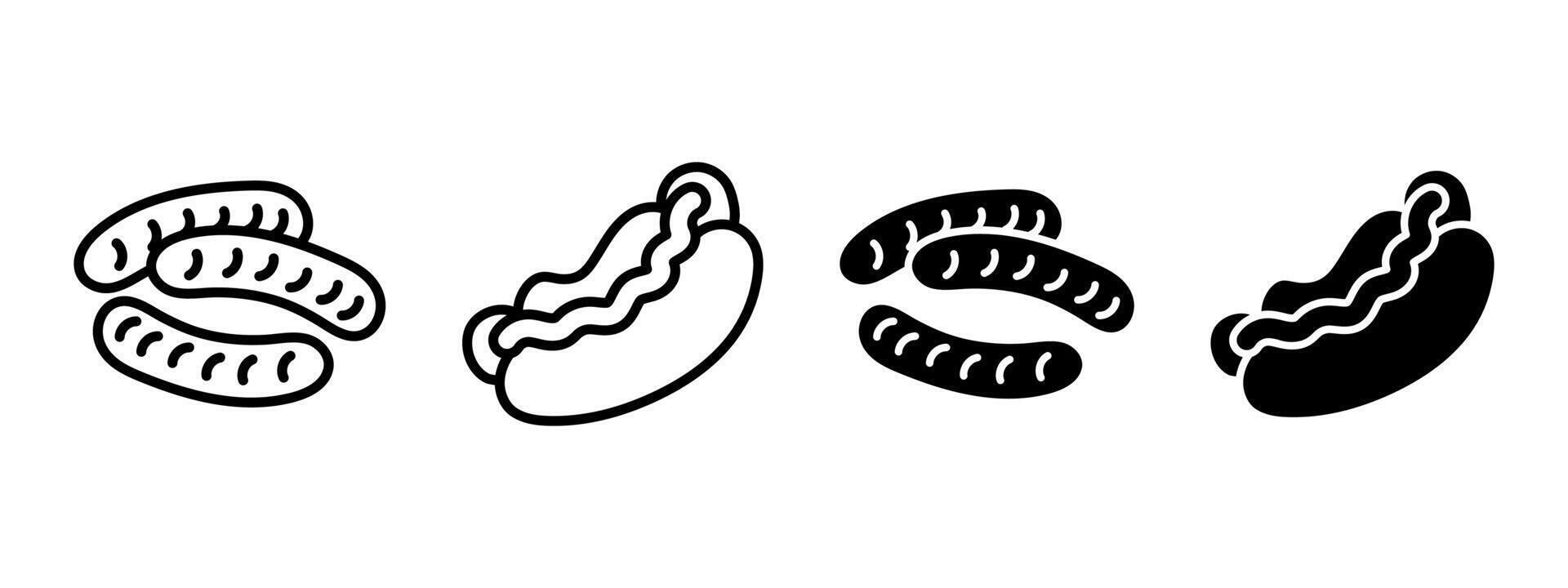 Hot dog icon. Grilled sausages illustration. Fried sausage symbol. American wiener with bun and mustard sauce. Meal sandwich pictogram. Couple of sausages concept outline, line, black isolated. vector