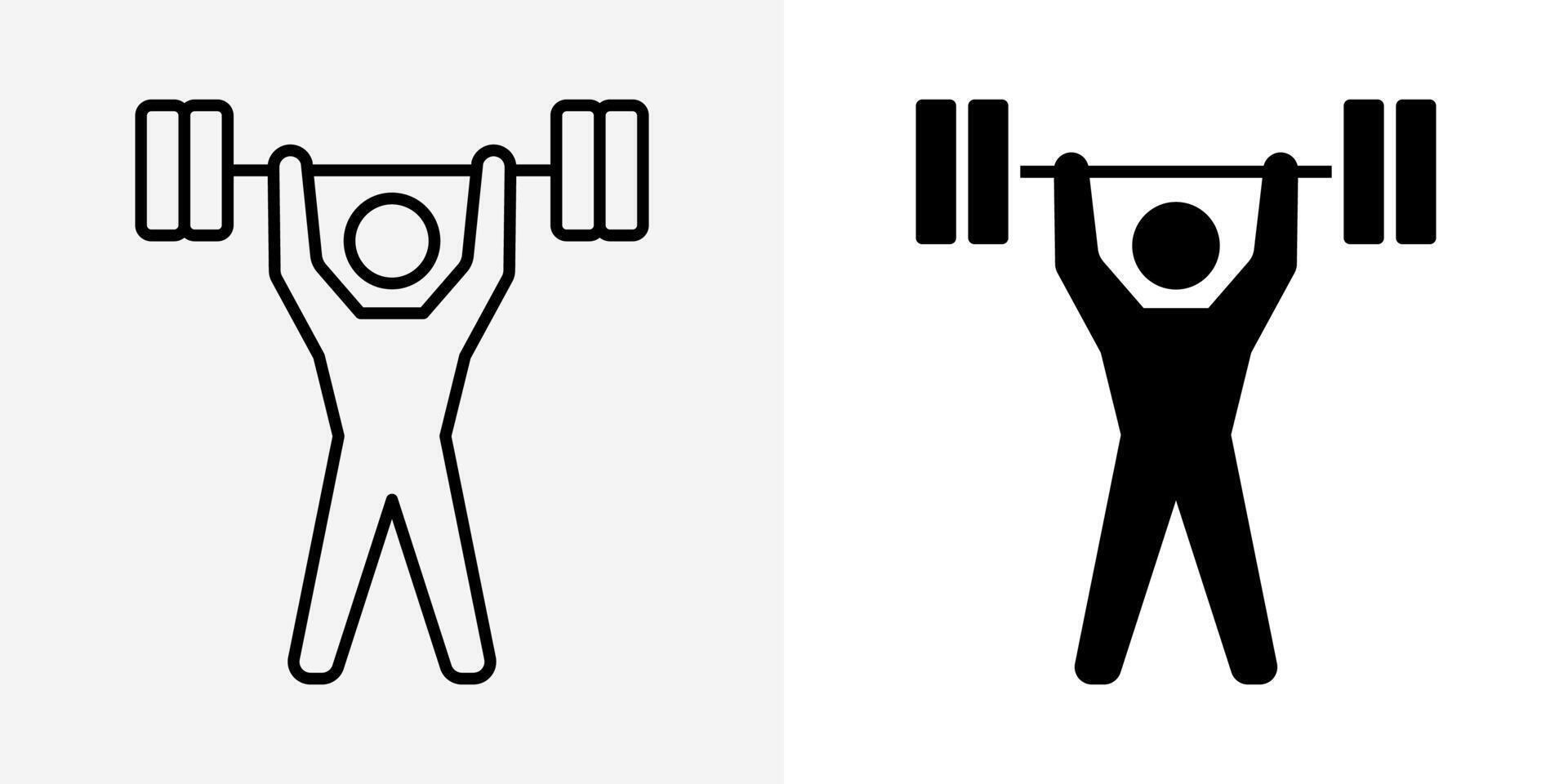 Gym man lifting weights icon. Bodybuilder stick figure with barbell illustration. Strong person symbol. Fitness training sign. Athlete weight lifter pictogram. Gym man silhouette isolated. vector