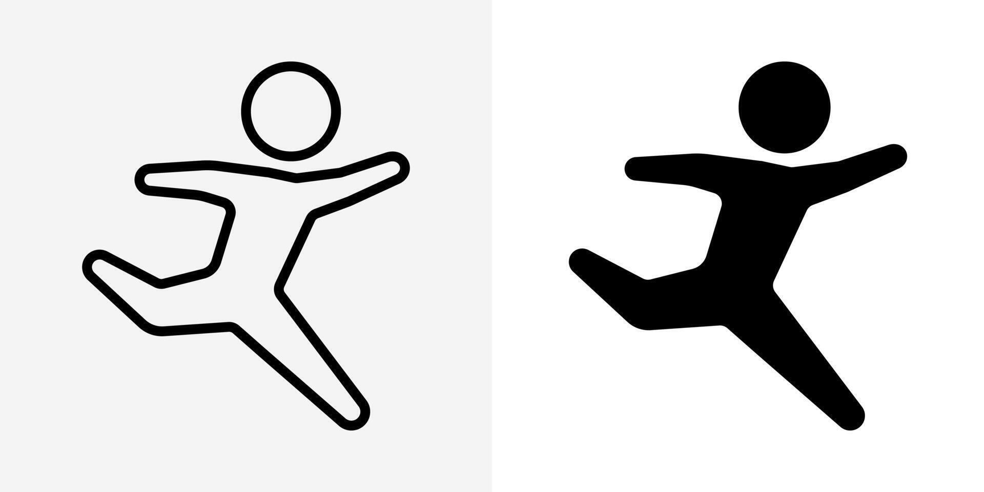 Jumping man icon. Jump of joy stick figure silhouette illustration. Ballet position symbol. Fun and cheerful person sign. Long jump athletic body pose pictogram. Running man motion figure. vector