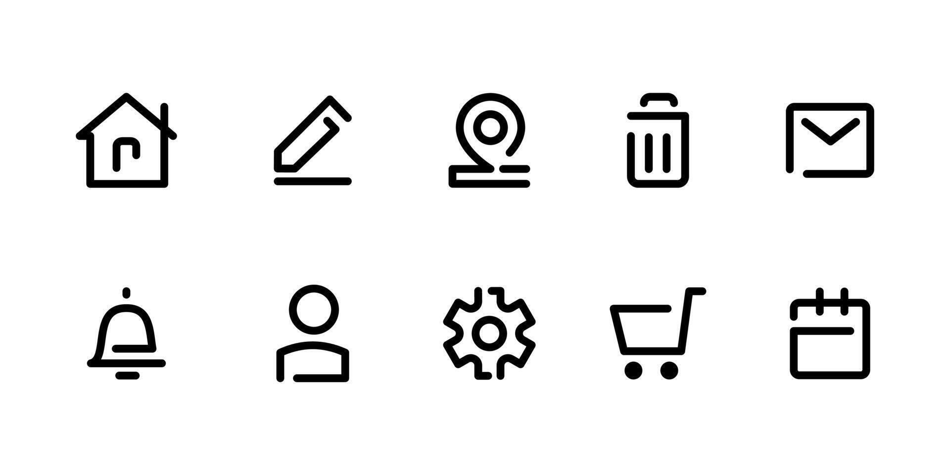 Web icons set. Website navigation icon collection. Essential app interface button. Simple line or outline basic UI icons. Home, main page, edit, map pin, mail, notification and user pictogram. vector