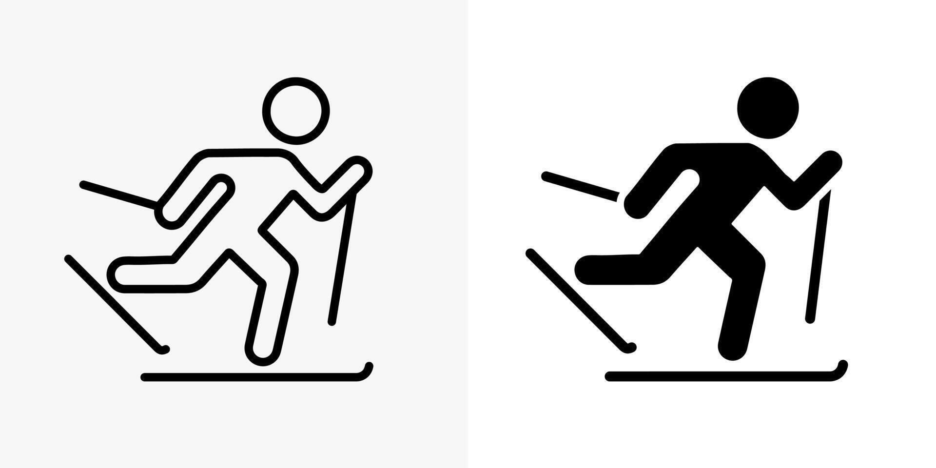 Ski man icon. Skier stick figure silhouette illustration. Skiing competition sign. Winter activity symbol. Mountain downhill sliding person with ski and sticks pictogram. Sport activity concept vector