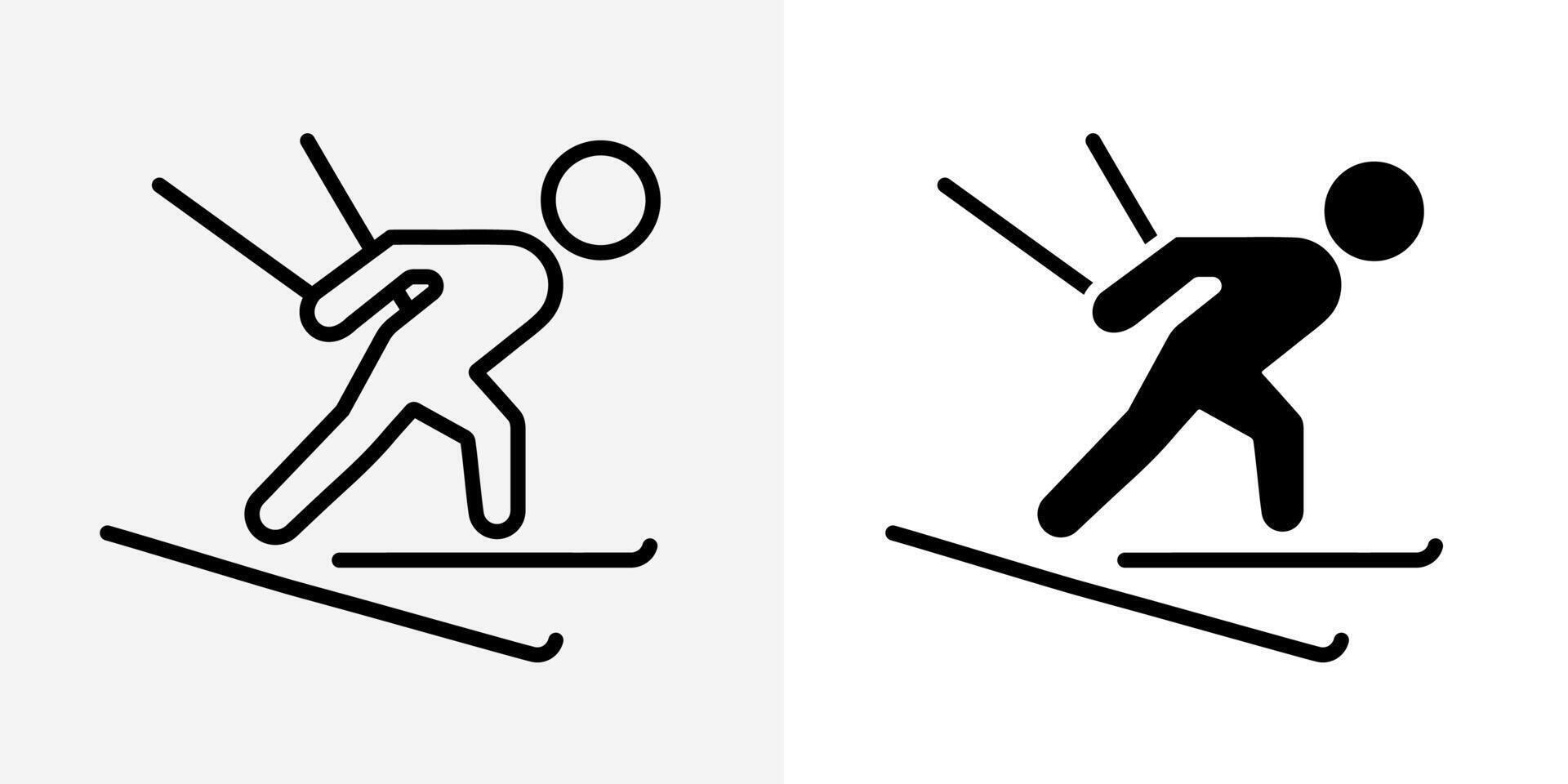 Ski man jump icon. Jumping skier athlete stick figure silhouette illustration. Skiing sports competition symbol. Fast speed ski person sliding downhill sign. Ski man posture or pose pictogram. vector
