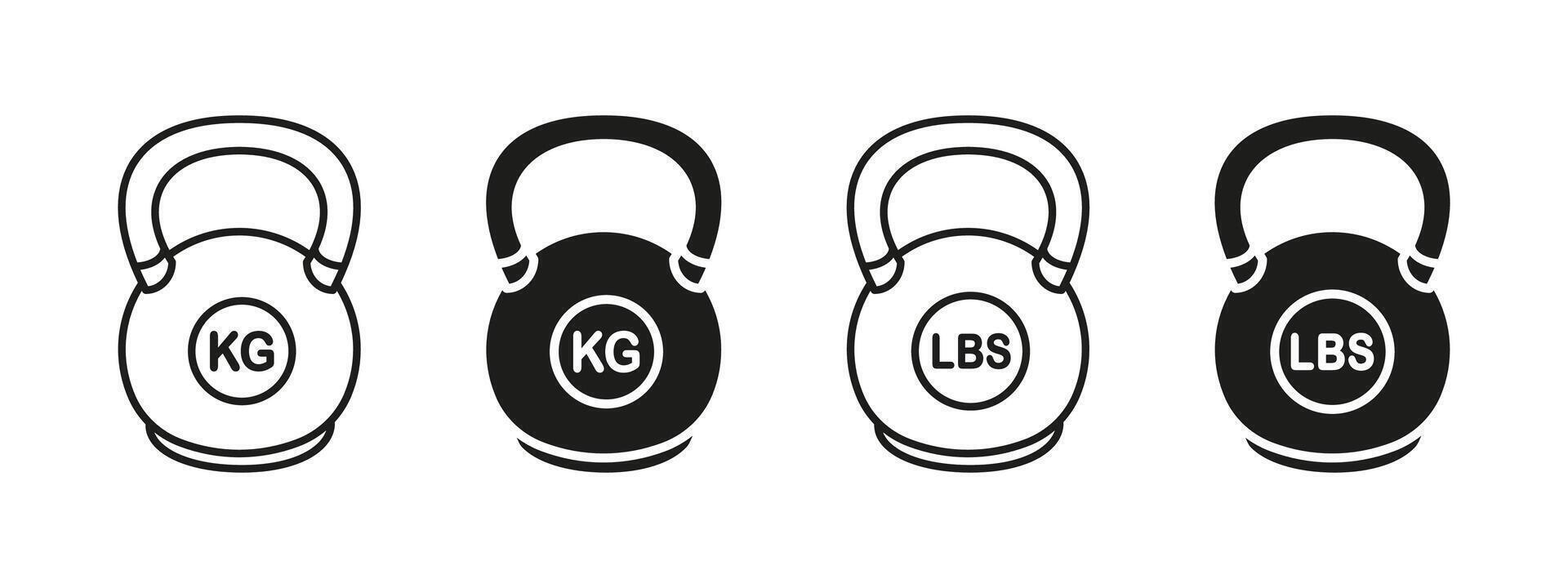 KG weight icon. KG and LBS unit measurement symbol. Kettlebell with kilogram and pound measure sign. Lifting weights gym equipment illustration. Mass unit measurement pictogram. Scales balance. vector
