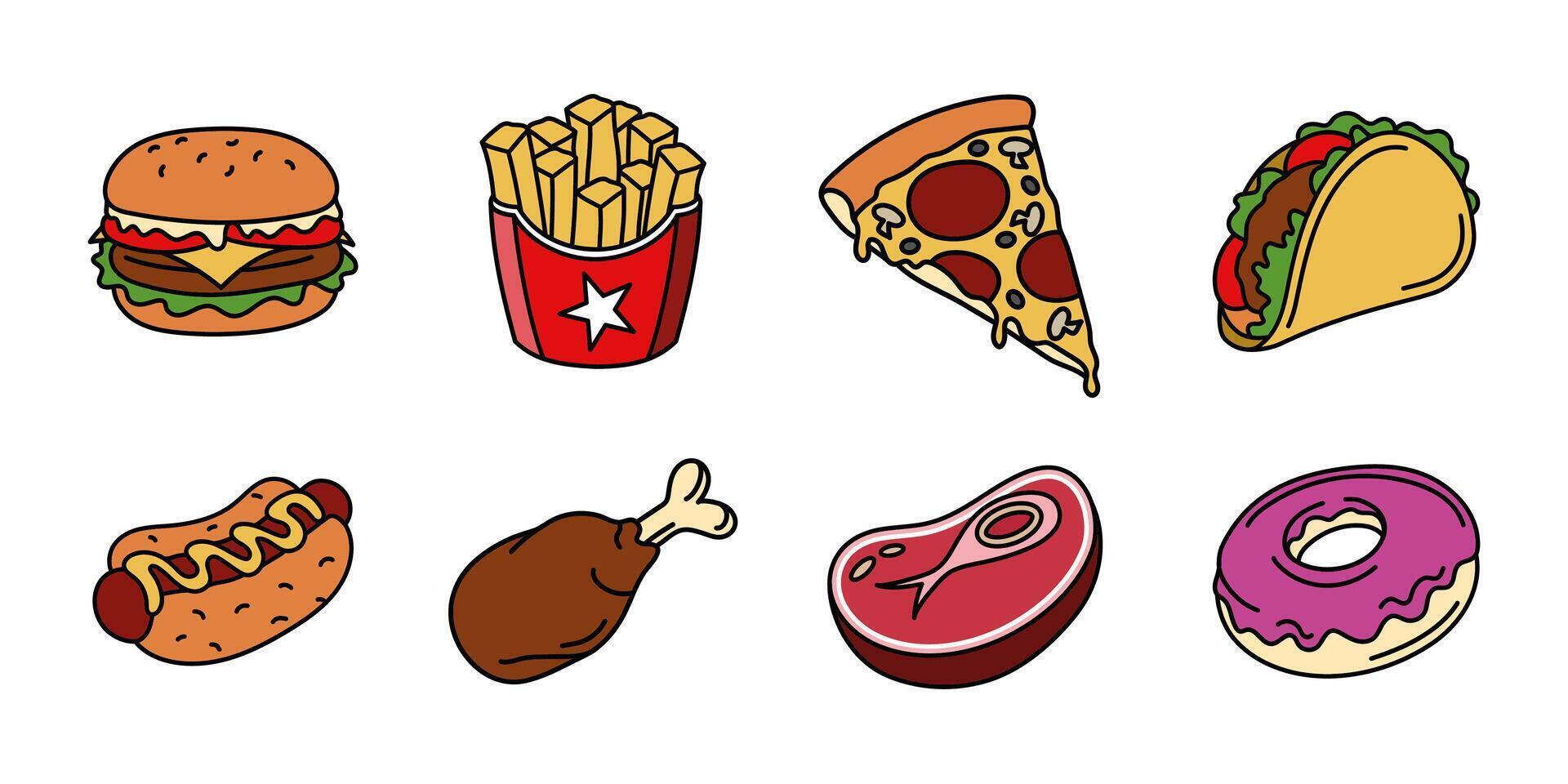 Fast food illustration set. Fast food icon set. Hamburger, pizza, hot dog, taco, french fries and crispy chicken colored collection. Meat steak, burger and donut cartoon eatery menu. Fast food snack. vector