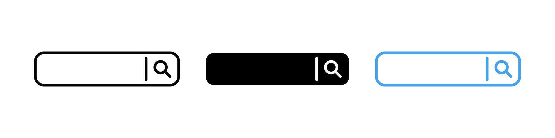Search bar outline icon. Web browser search bar navigation element. Finder button. Search form field with magnifier glass pictogram. Website address frame concept. vector