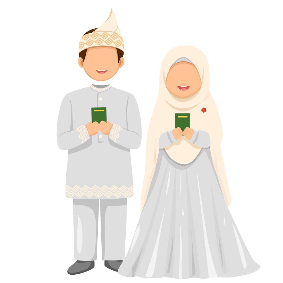 Muslim bride and groom holding marriage book vector