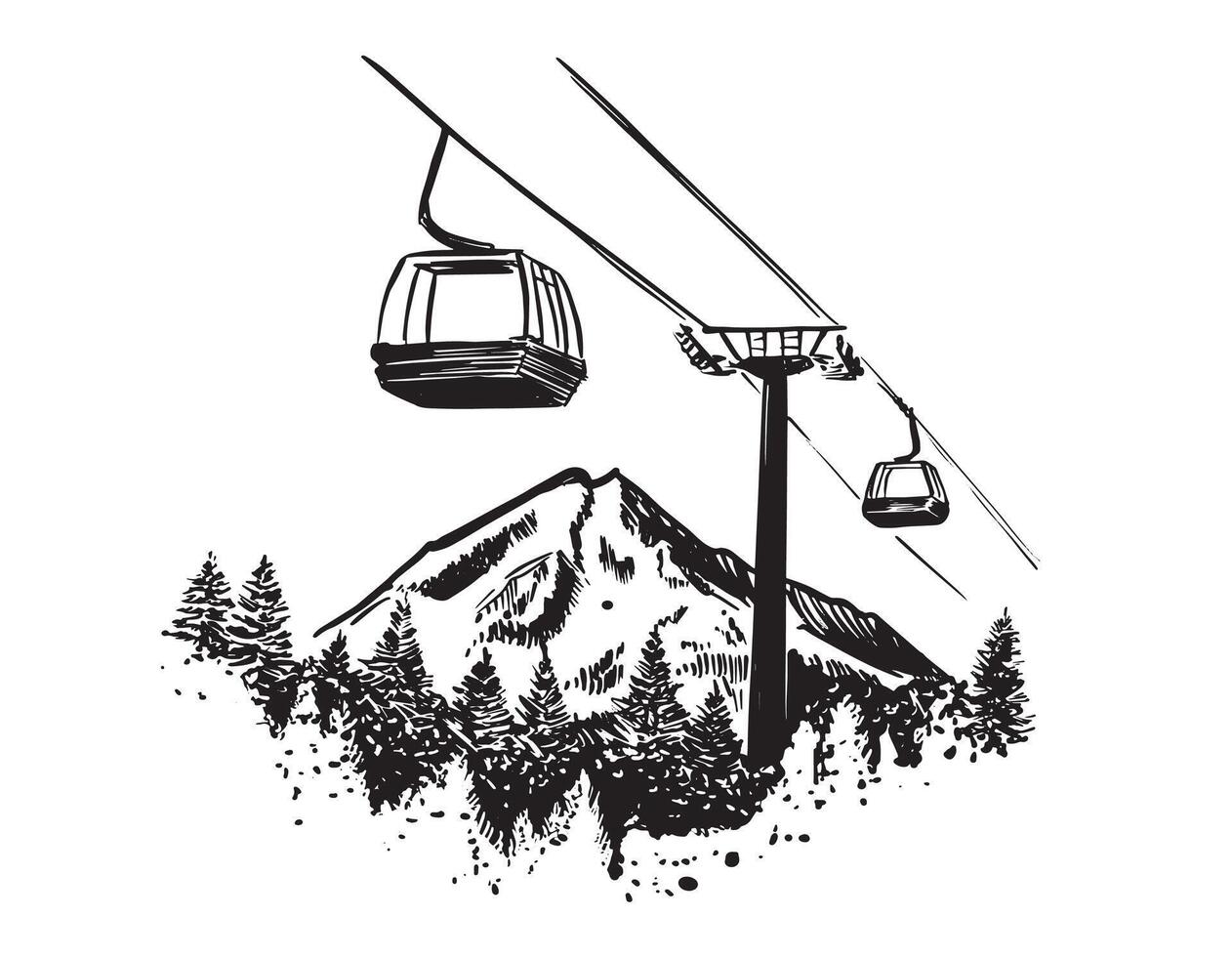 Ski lift in the mountains on white, hand drawn vector