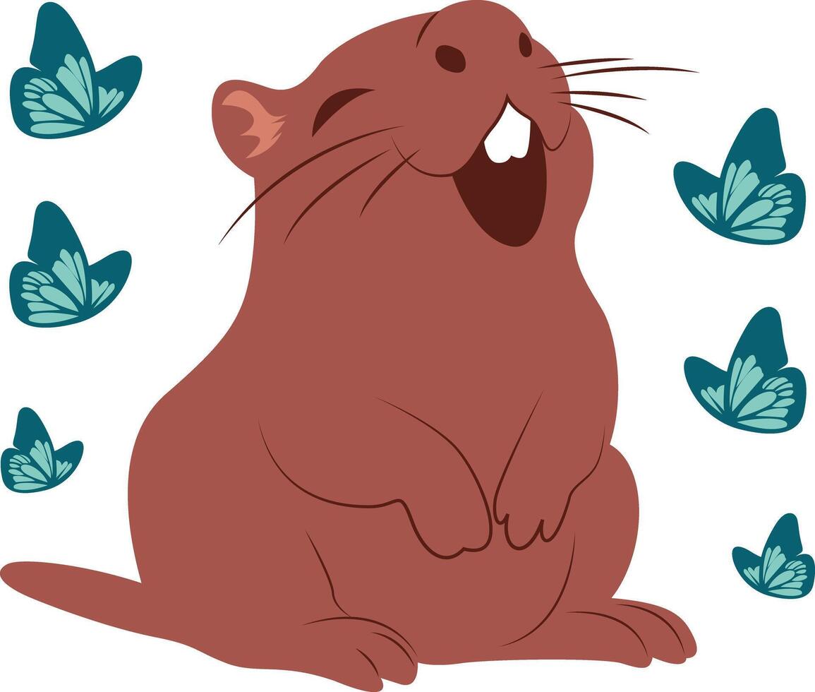 A cartoon brown groundhog with butterflies around it vector