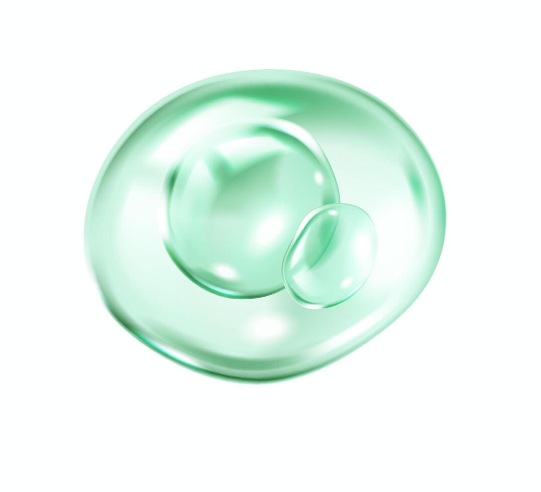 Collagen molecules as small bubbles realistic illustration. Transparent green blobs for skincare 3d object on white background vector