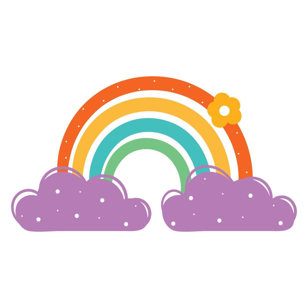 cute hand drawing cartoon boho rainbow with purple clouds and yellow flower. cute sky element for sticker, doodle vector