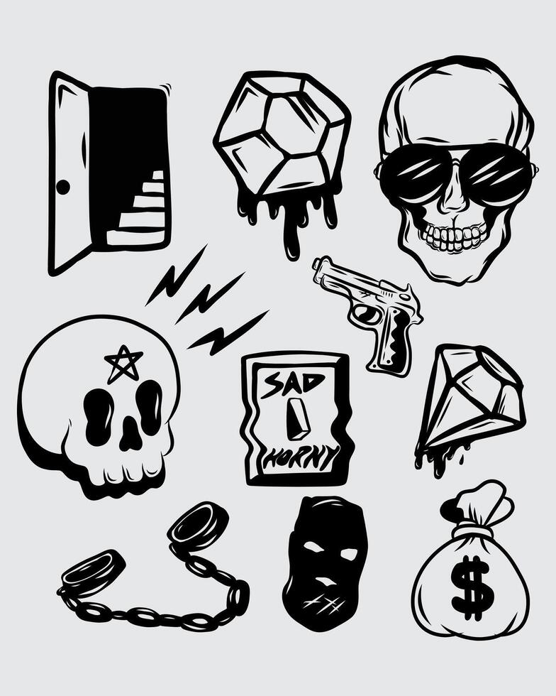 Tattoo style clip art t shirt clothing element collection set bundle ink sticker print art editable vector