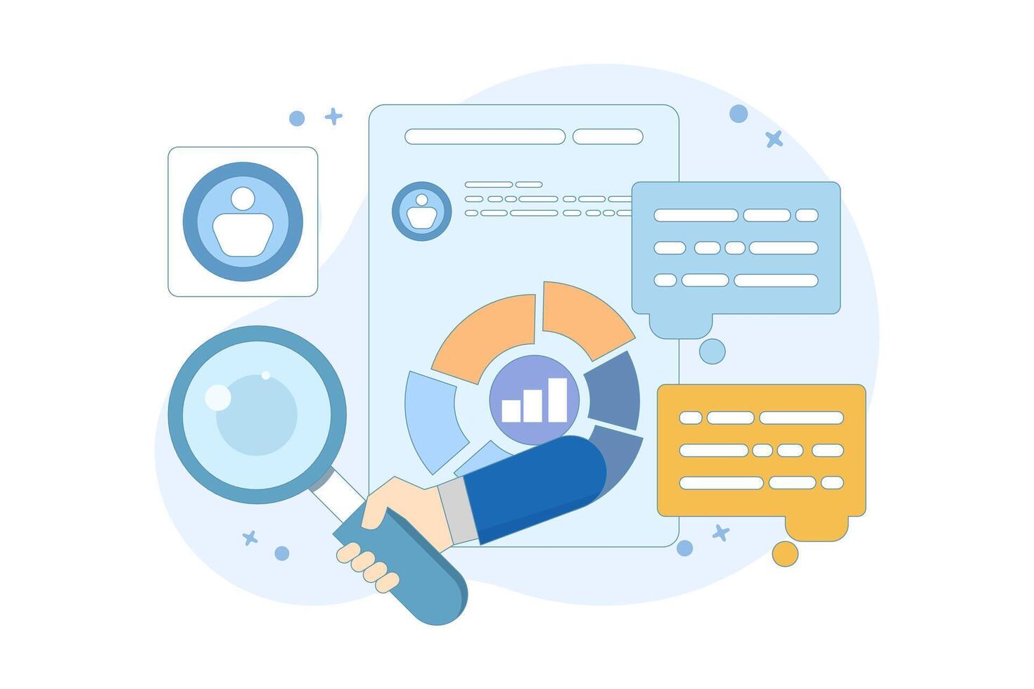 Marketing analysis and development concept. Participate in business activities. Magnifying glass, zoom, customer reviews. Know your customers. Business statistics graph. flat design illustration. vector