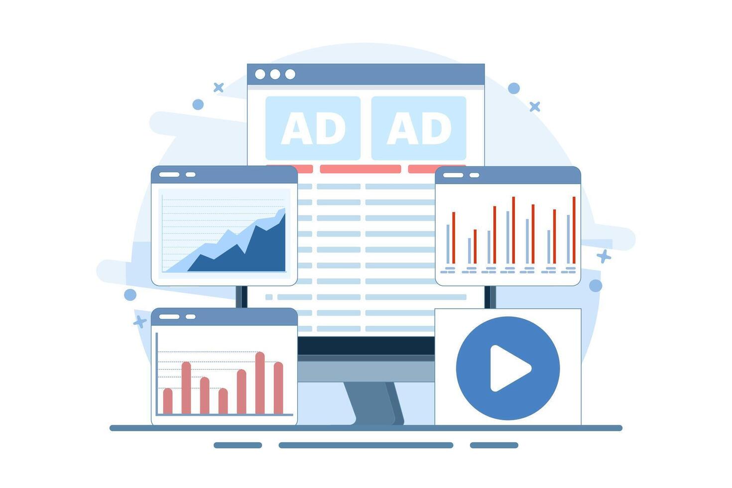 Advertising Analysis Concept, Detailed evaluation of commercial advertising, marketing diagram analysis, digital marketing elements, graphs and charts. Design illustration. vector
