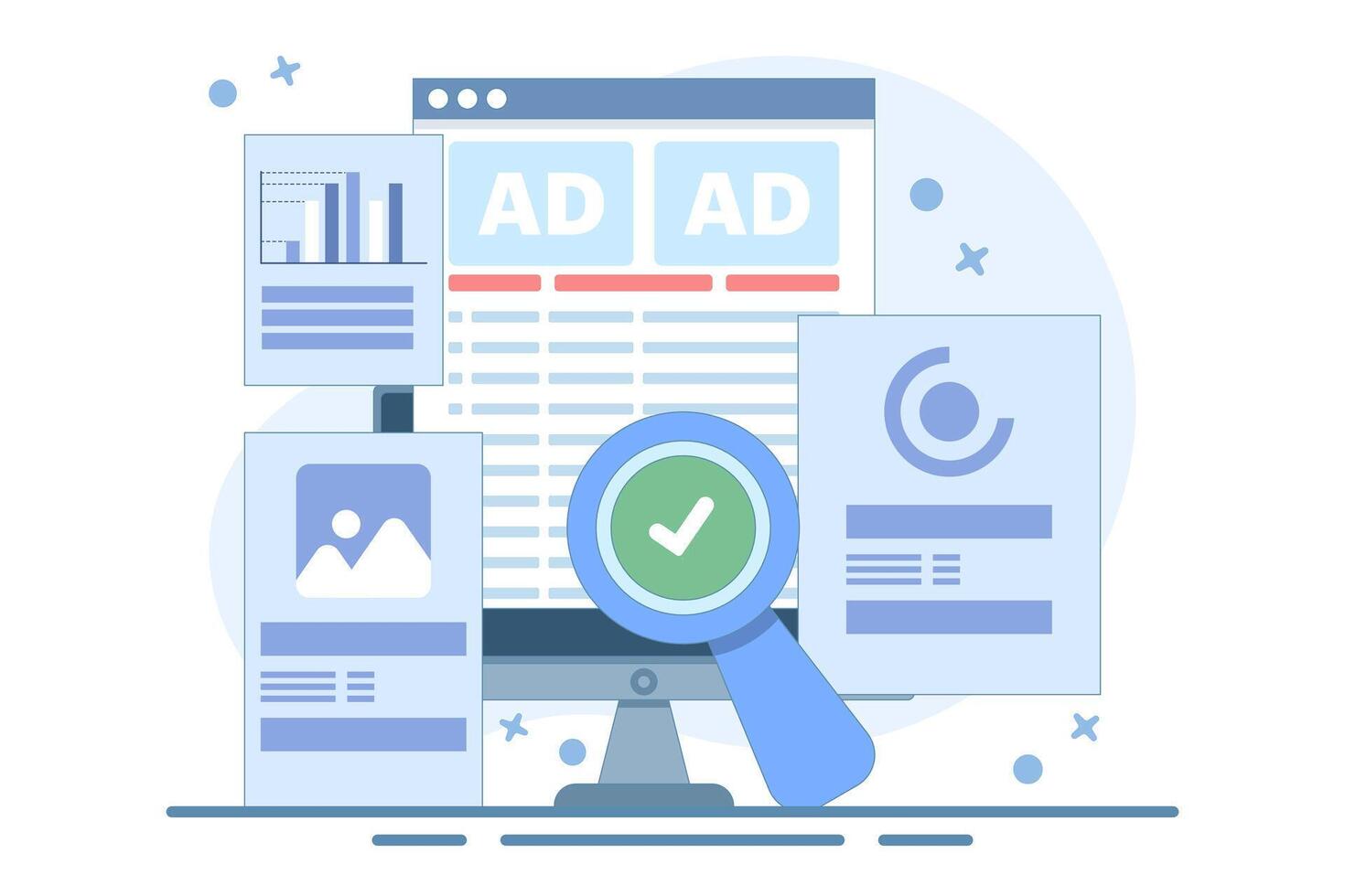 Advertising Analysis Concept, Detailed evaluation of commercial advertising, marketing diagram analysis, digital marketing elements, graphs and charts. Flat design illustration. vector