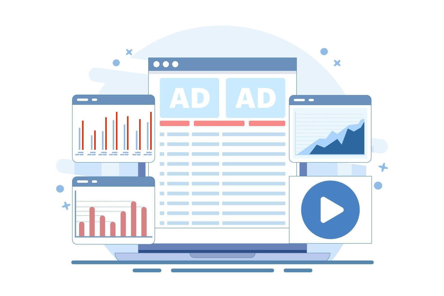 Advertising Analysis Concept, Detailed evaluation of commercial advertising, marketing diagram analysis, digital marketing elements, graphs and charts. Flat illustration on background. vector