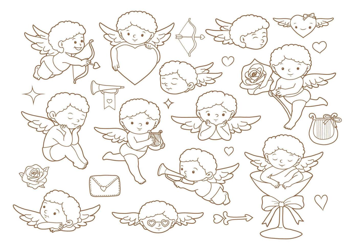 Vanlentine s day hand drawn design with vintage coquette cupid and elements doodle brown color outline isolated on white background vector