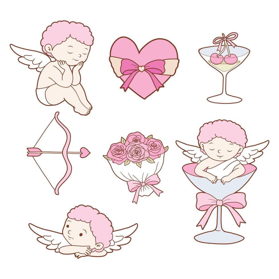 Coquette Valentine's day set decorated with vintage cupid and coquette doodle valentine elements. Hand drawn line art vector