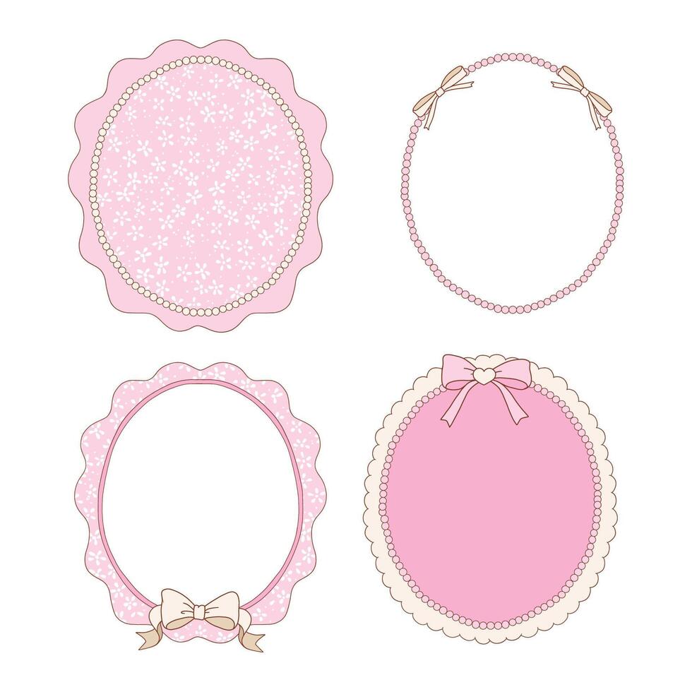 Hand drawn whimsical oval frames collection in coquette style graphic set light pink pastel color style vector