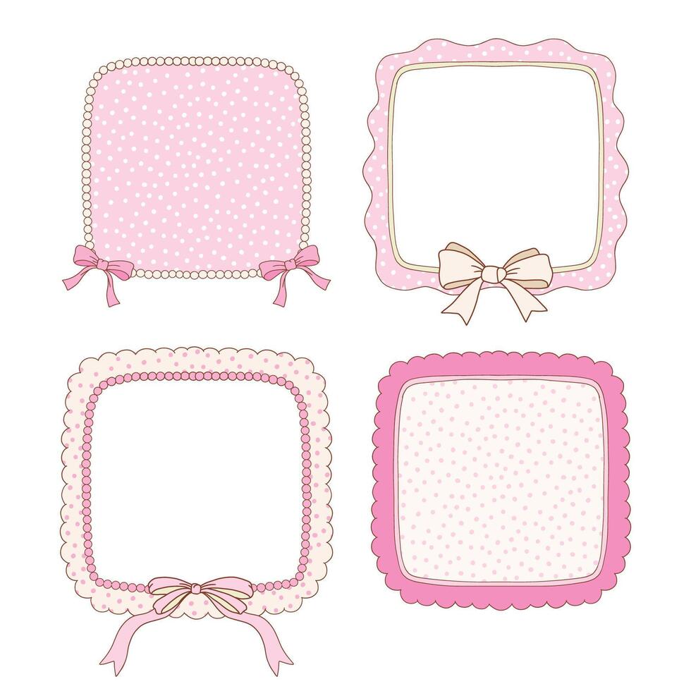 Hand drawn whimsical rounded square frames collection in coquette style graphic set light pink pastel color style vector