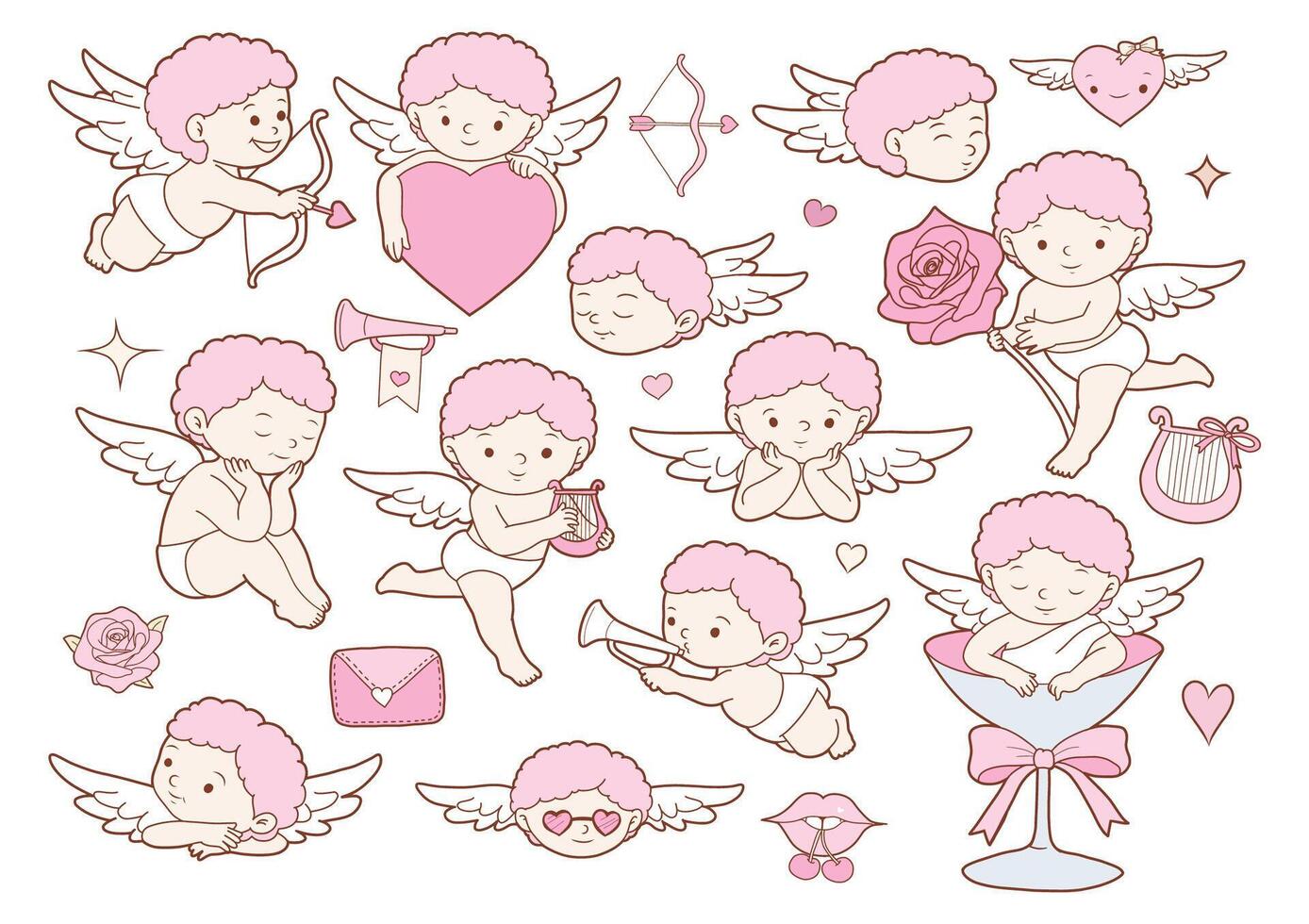 Vanlentine s day hand drawn design with vintage coquette cupid and elements doodle pink color collection isolated on white background vector