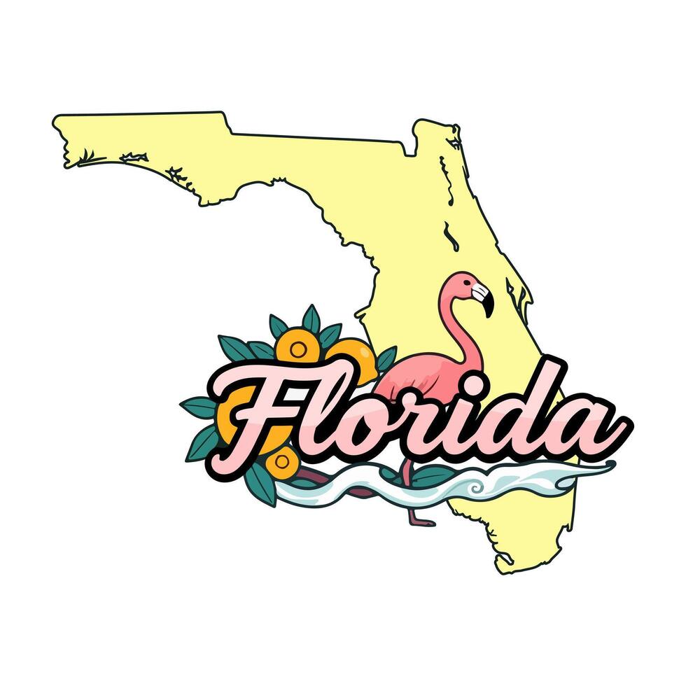 Florida State Map with Flamingo and Citrus Fruit Illustration vector