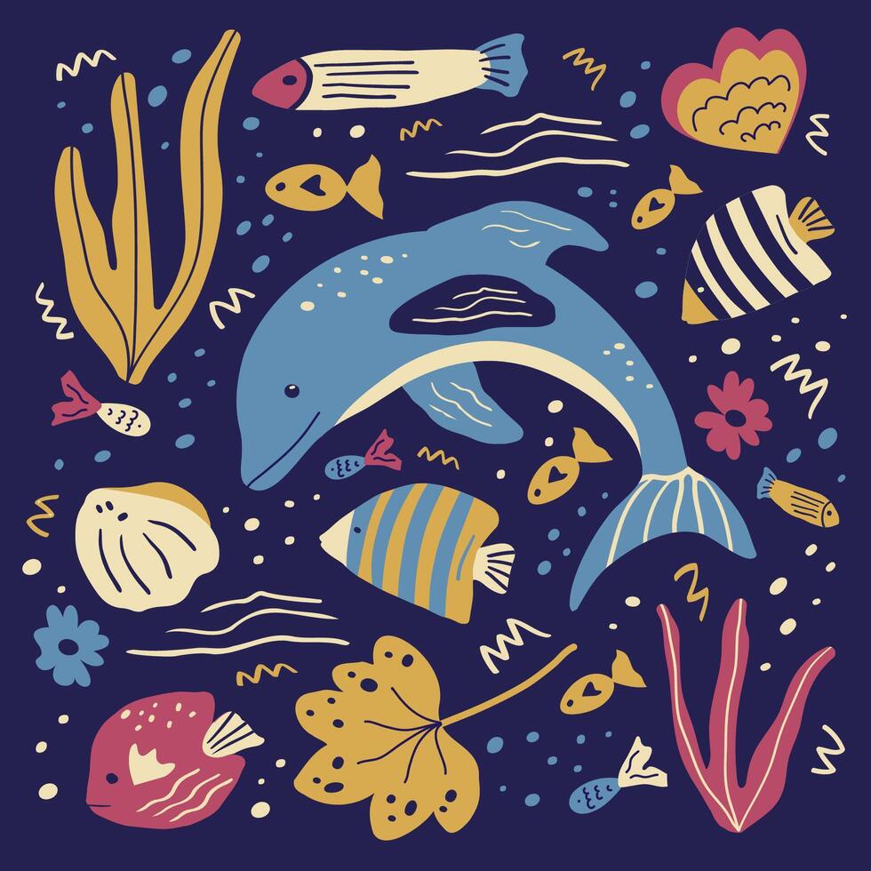 Marine animals. A collection of illustrations on the theme of the underwater world, hand-drawn fish, dolphin, shells and algae. Drawings for banners, postcards, posters, and children alphabets. vector