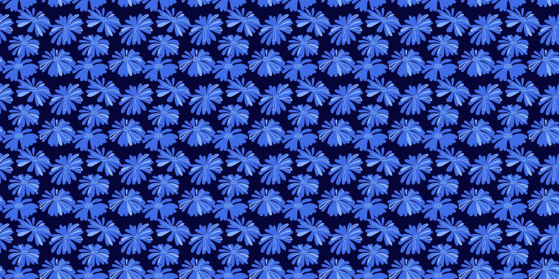 Abstract creative shapes flowers seamless pattern on a dark background. Stylized silhouettes blue floral printing. hand drawn. Contemporary plain ornament vector