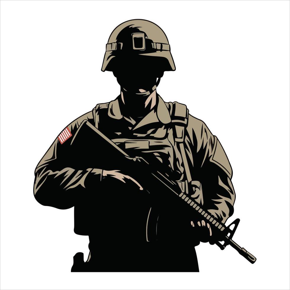 Silhouette of Armed Soldier in Tactical Gear Holding Rifle Illustration vector