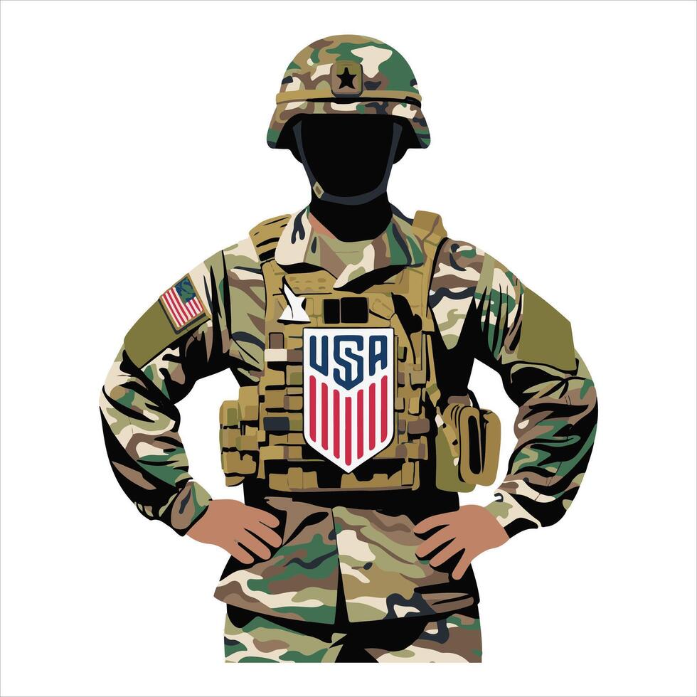 Patriotic US Army Soldier Illustration with Camouflage Uniform and USA Emblem vector