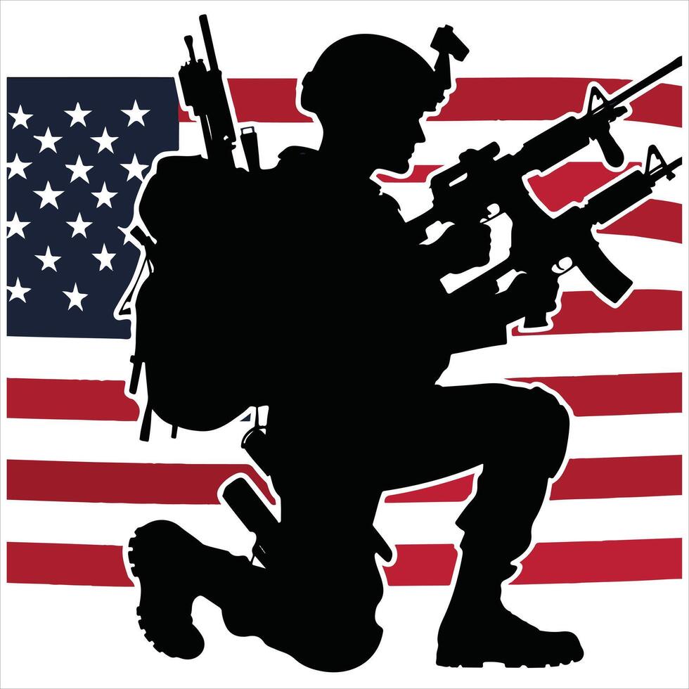 Silhouette of Armed Soldier in Holding Rifle Anerican flag Illustration vector