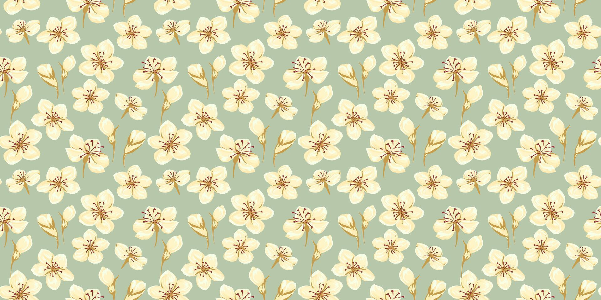Pastel pattern with abstract artistic florals. hand drawing. Ditsy tiny flowers and small buds seamless print on a green mint background. Designs ornaments for textiles, fabric, cover vector