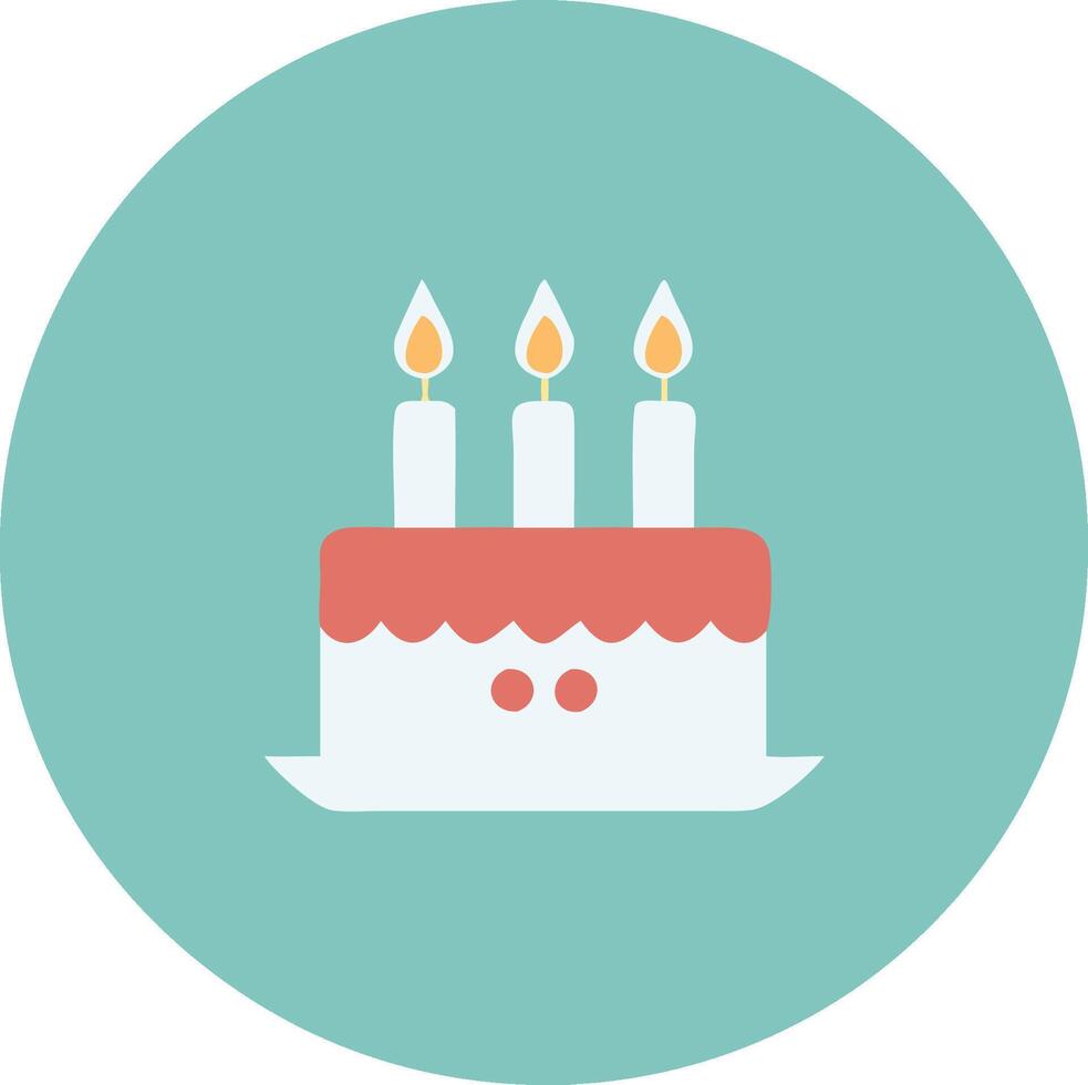 Flat design birthday cake icon, three lit candles, white cake with pink frosting, circular teal background, simple minimalist illustration, graphic style, celebratory symbol, vector