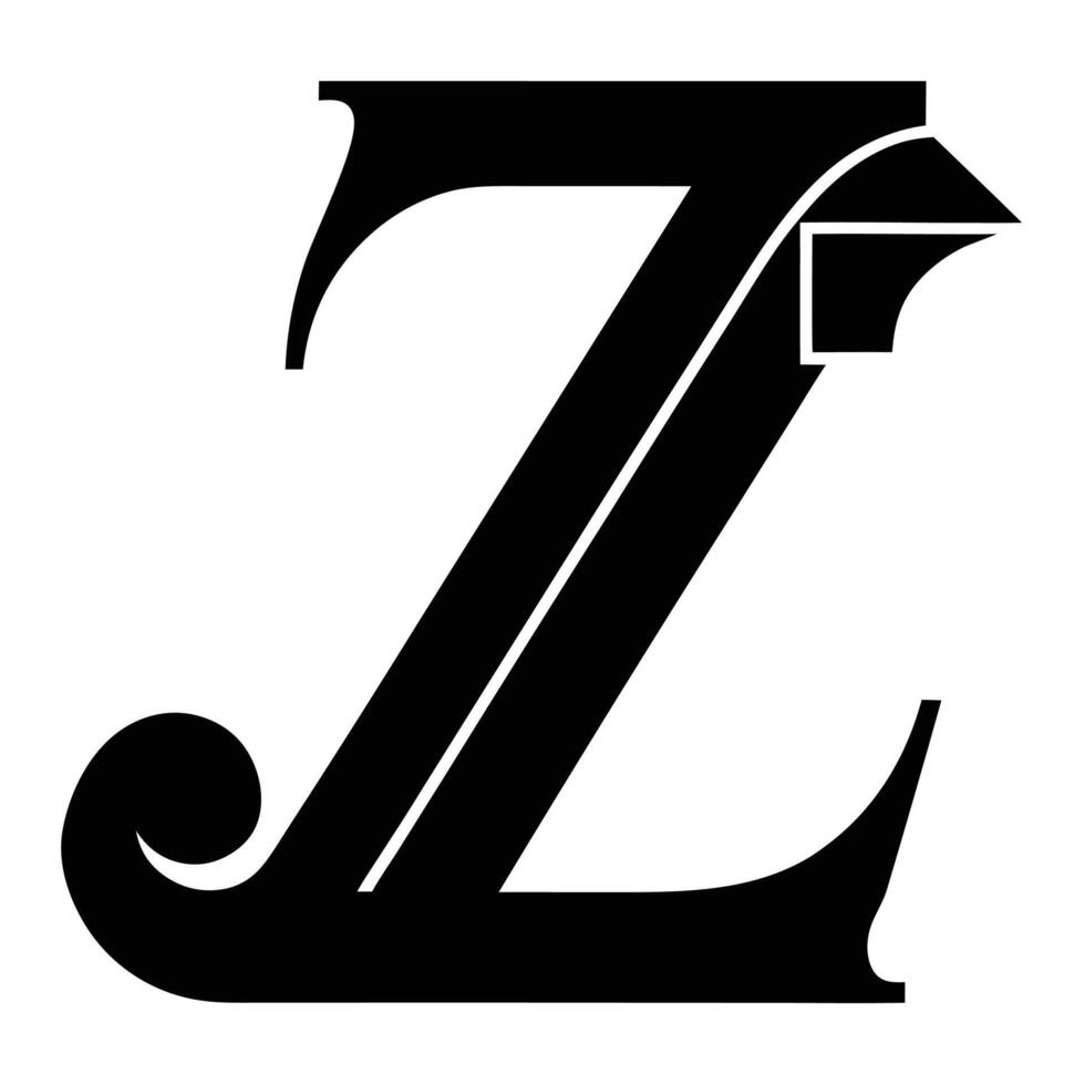 Stylized letter Z, black and white typography, bold serif font, geometric design vector