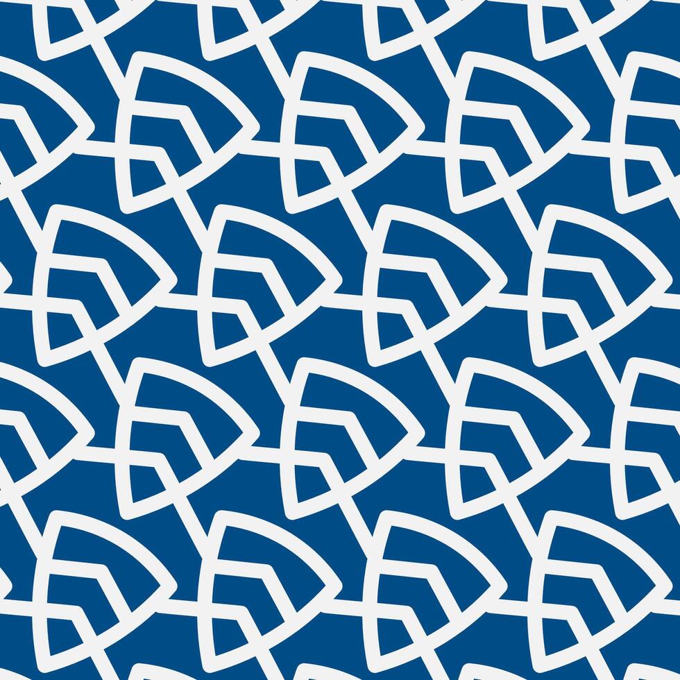 Contemporary geometric design featuring white linear shapes forming interlocking patterns on deep blue background. Perfect for textiles, wallpaper, and digital backgrounds its modern, clean aesthetic. vector