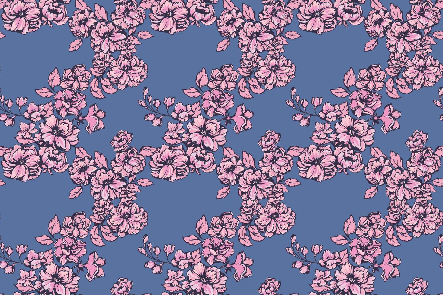 Creative artistic pink florals stems in a many kinds blooming wild flowers intertwined in a seamless pattern on a blue background. hand drawing illustration. Design for fabric, fashion, textile vector