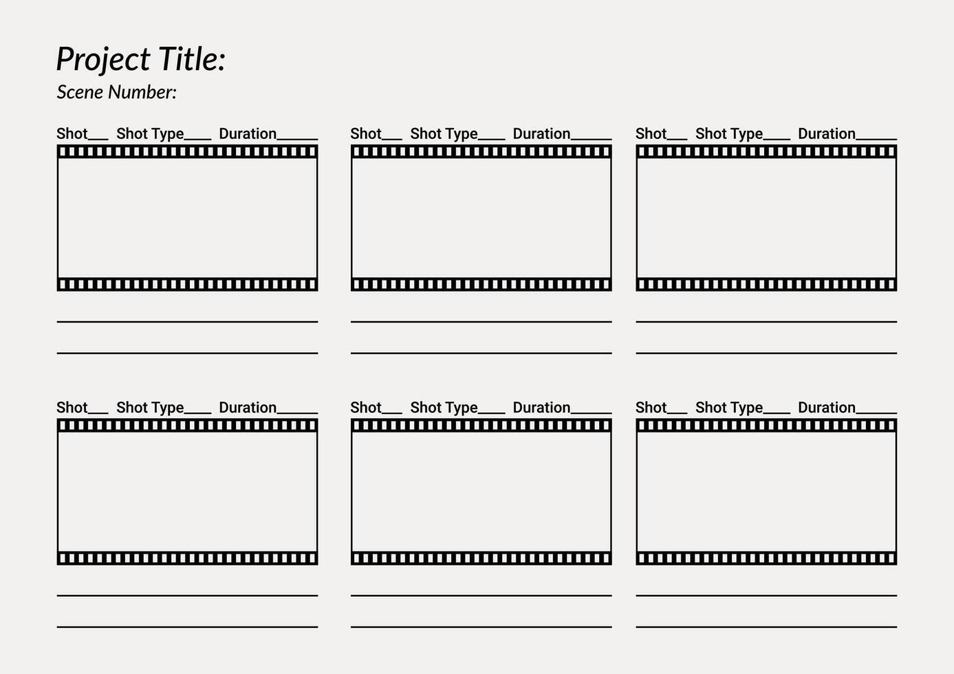 Professional film storyboard template. Perfect for Filmmakers and Designers. Movie storyboard layout, ideal for scene planning. A4 size template for filmmakers and designers vector