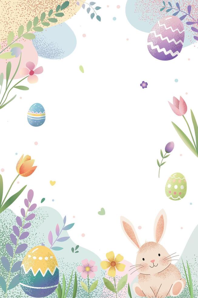 Easter background, eggs, bunny, tulips. Springtime template. Spring greeting card with place for text. vector