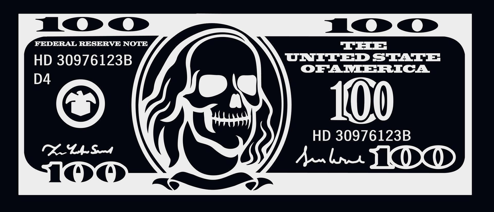 dollar banknote with skull, negative vector