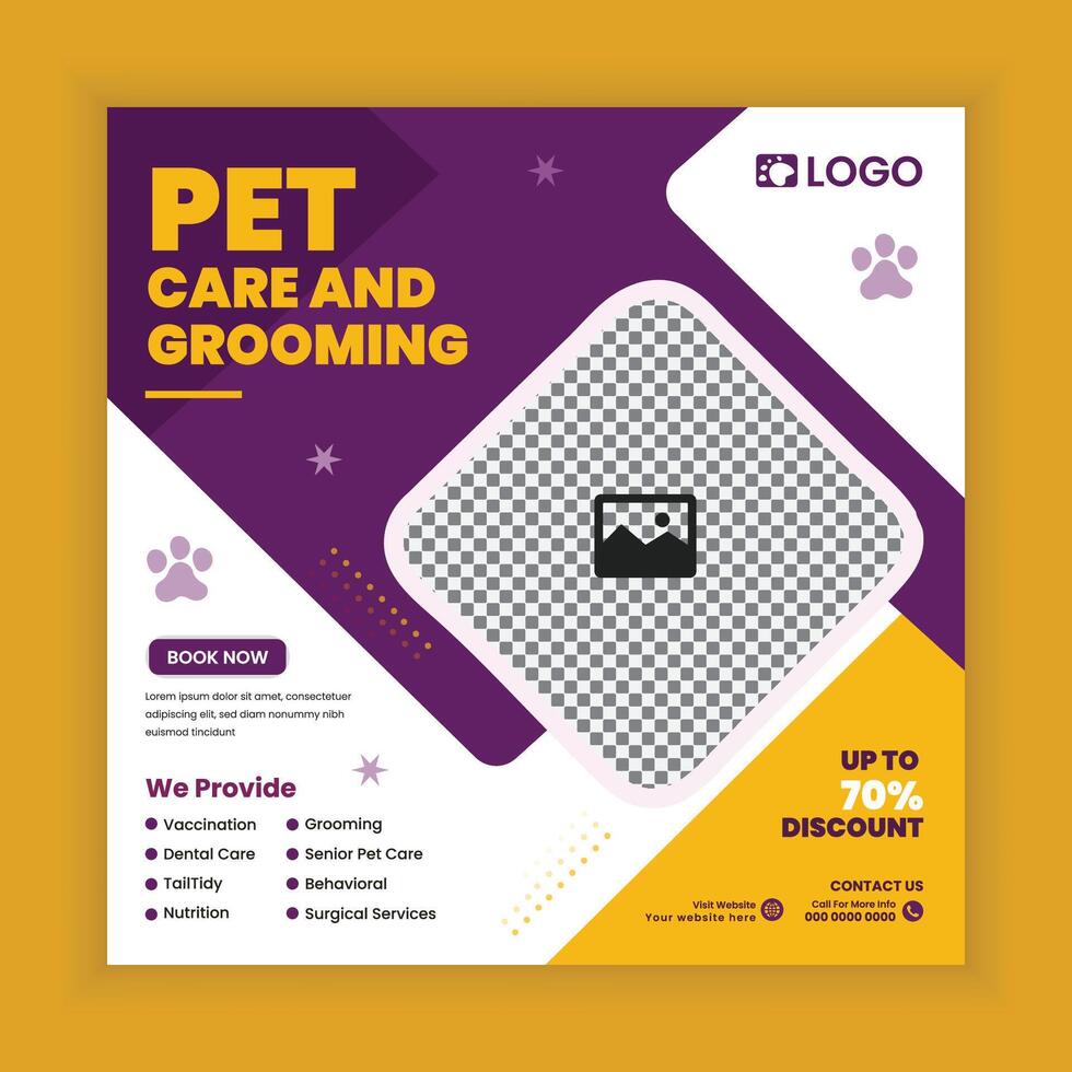 pet care grooming center Social Media Post Design or Pet Business web or online Square flyer Template vector