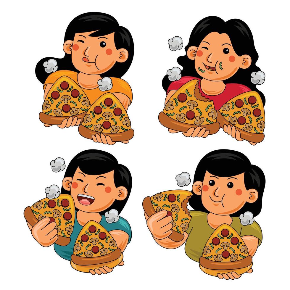 Cute Woman eating Pizza Fast Food vector