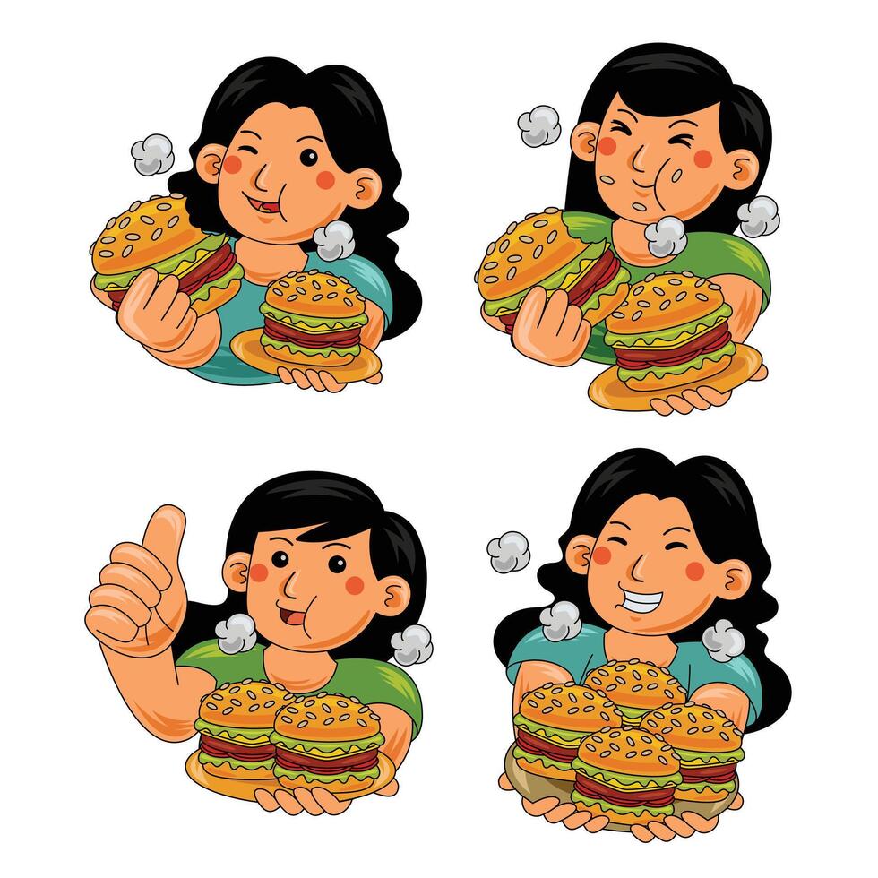 Woman eating Burger Fast Food vector