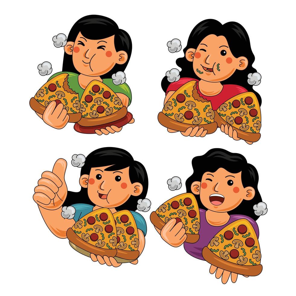 Happy Woman eating Pizza Fast Food vector