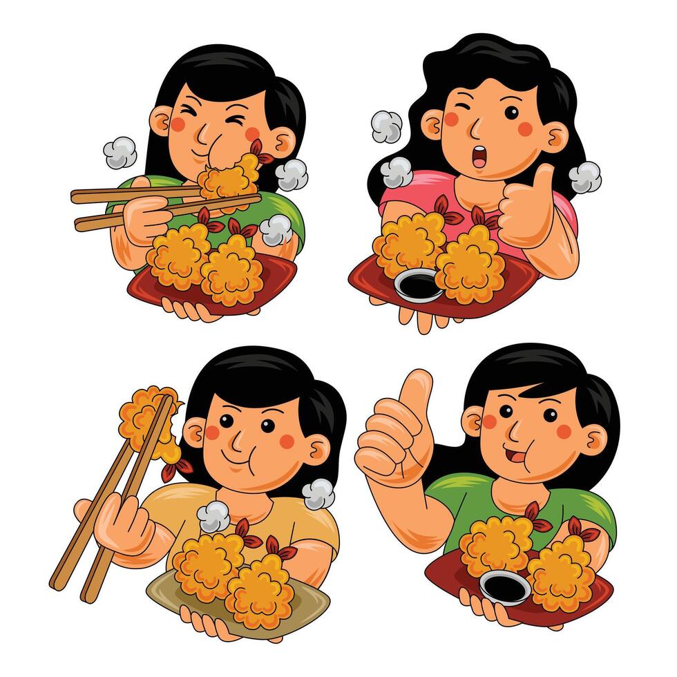 Happy Woman eating Tempura Japan Food vector