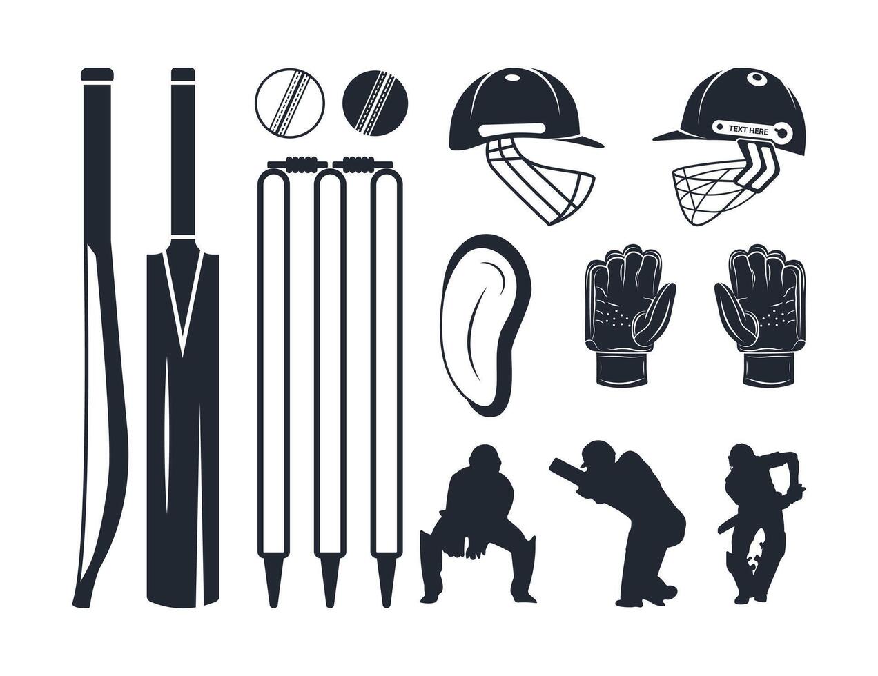 Cricket Equipment Clip Art Set Bats Balls Helmets Gloves Stumps With Cricket Full Set Clip Art Collection. Cricket Instruments Silhouette Bundle. vector