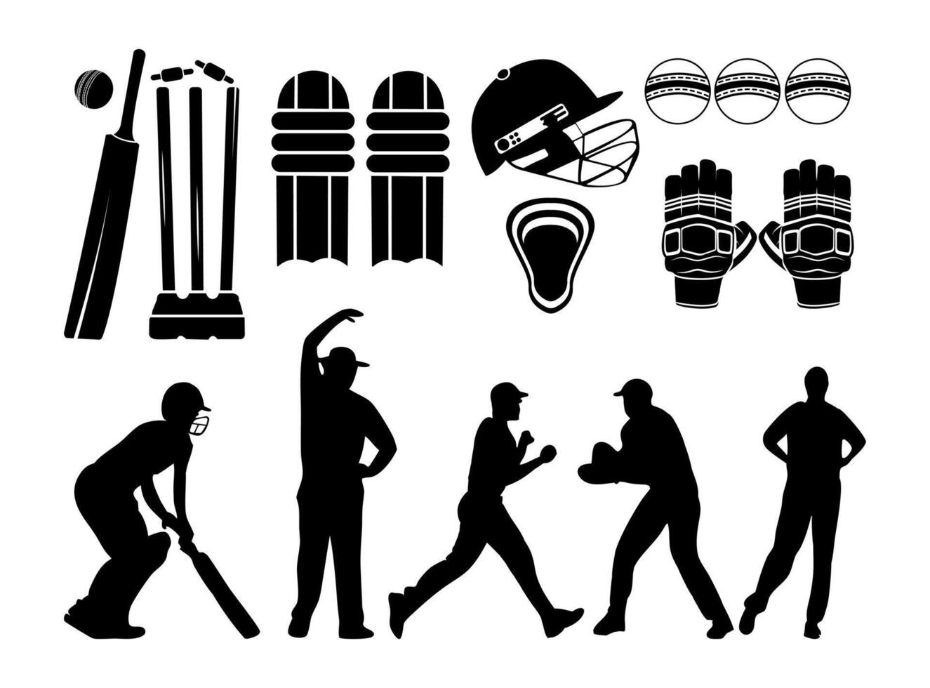 A Set Of Cricket Equipment Clip Art Set Bats Balls Helmets Gloves Stumps With Cricket Full Set Clip Art Collection. Cricket Instruments Silhouette Bundle. vector