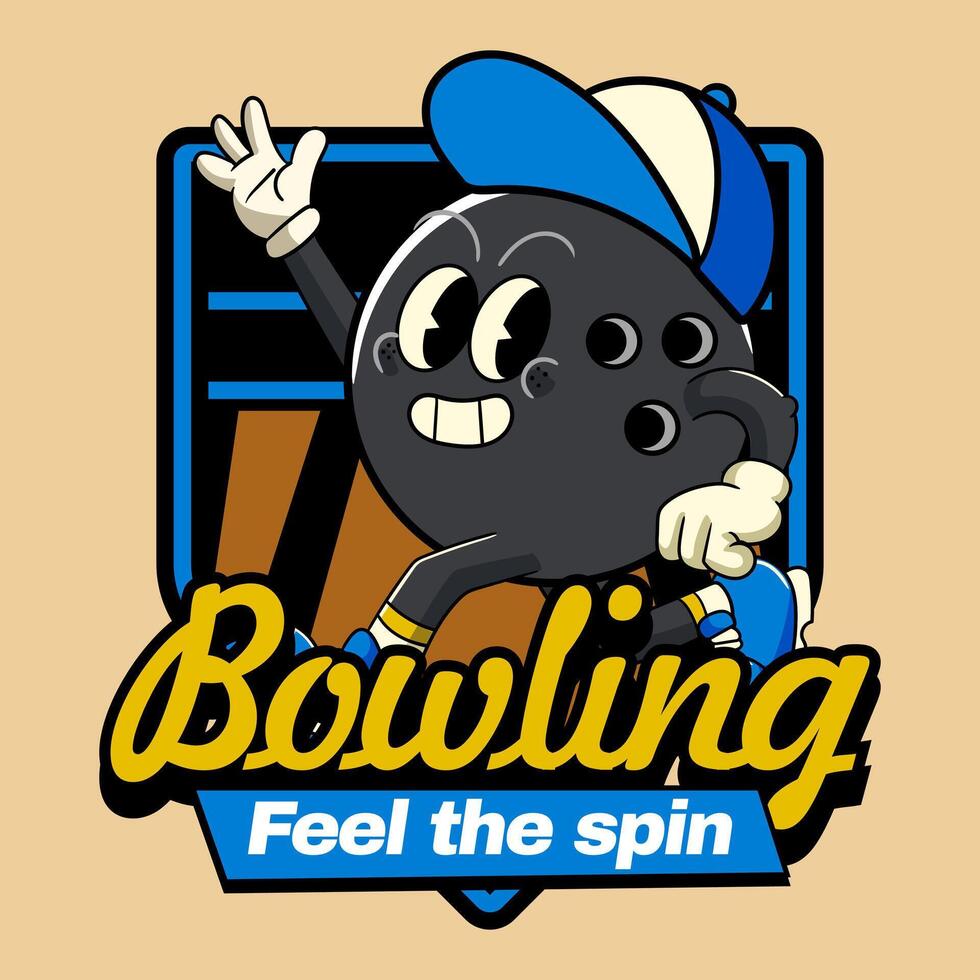 Happy Bowling Ball Sports mascot and slogans cartoon character in Hippie Style vector