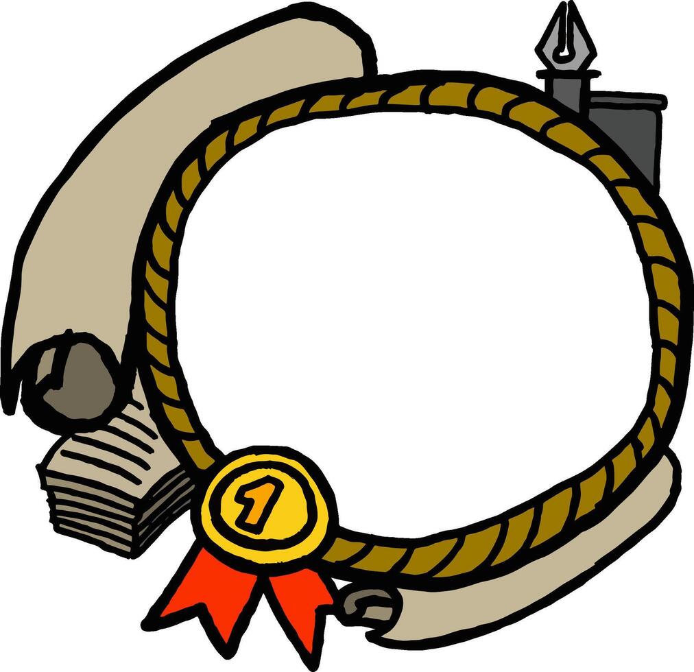 Celebratory Graduation Frame Featuring Paper Rolls, Pens, and Medals vector