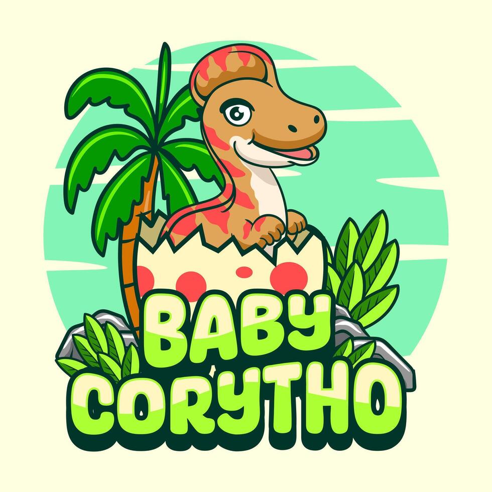 Baby Corythosaurus Dinosaur Character Mascot in Cartoon Illustration Design for kid, sticker, badge, patch, banner, greeting card vector