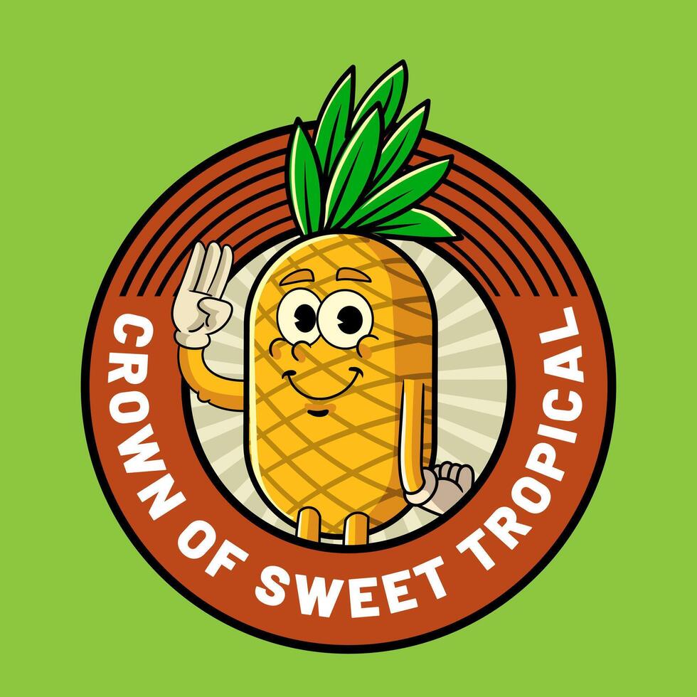 Happy Pineapple Tropical Summer Vibes Cartoon Character in Retro Style vector