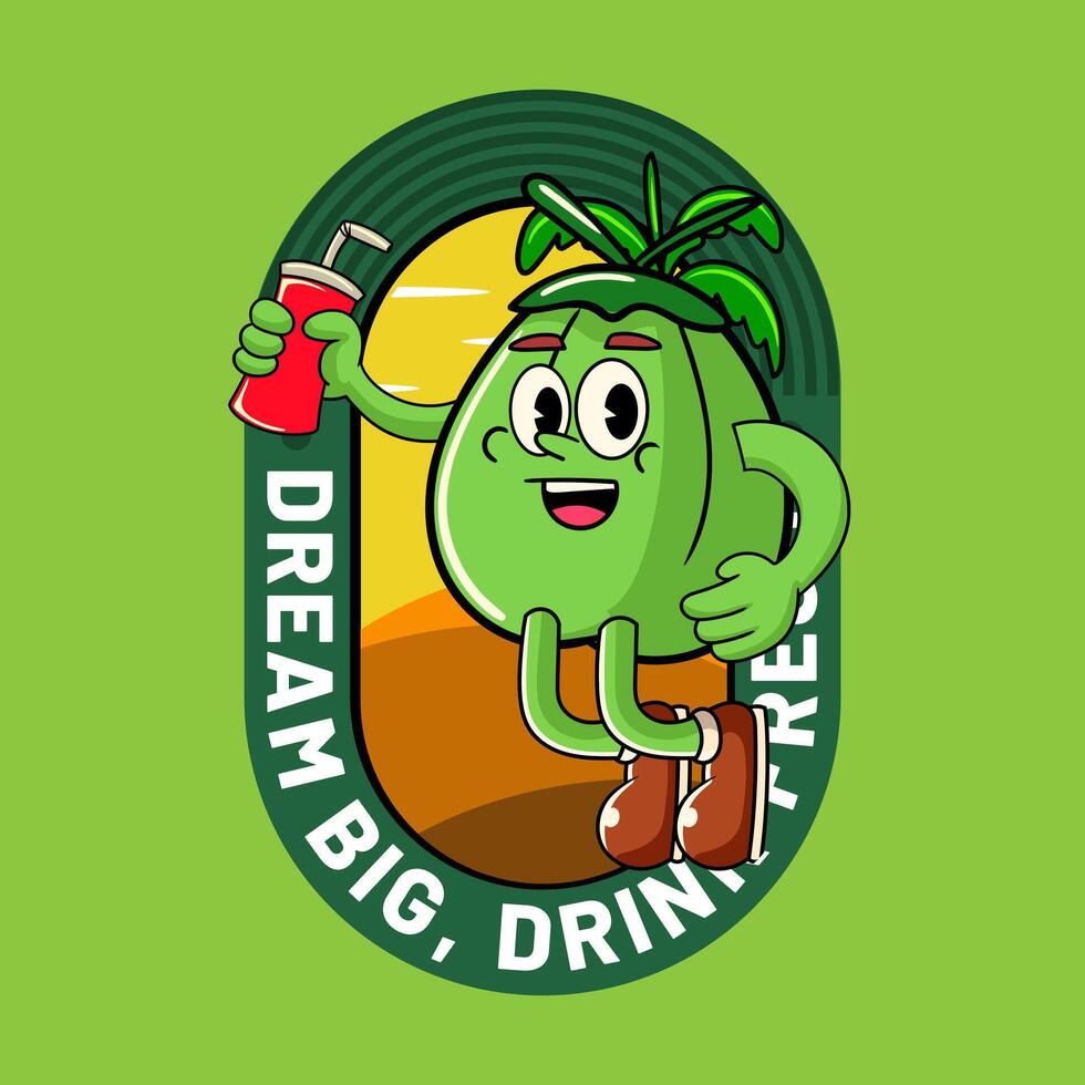 Cute Coconut Tropical Summer Vibes Cartoon Character in hippie Style vector